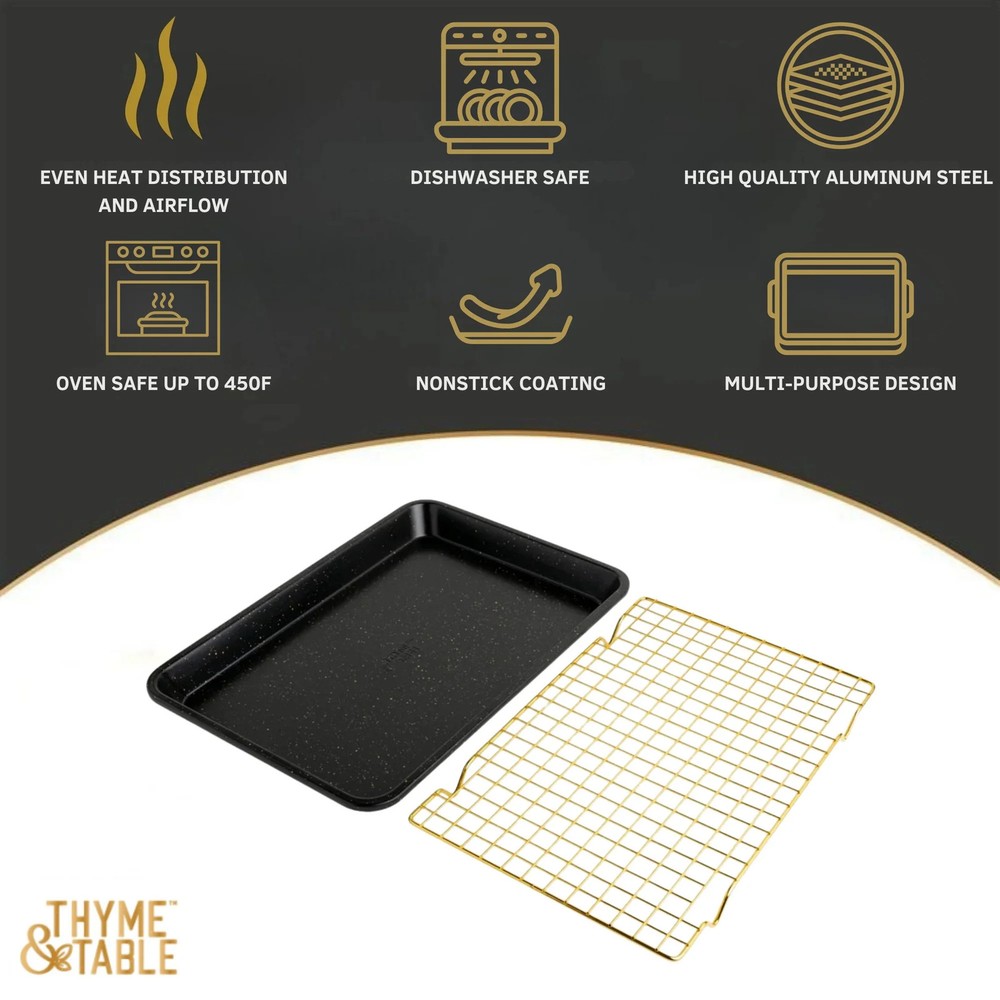 Thyme & Table Non-Stick Rectangle Baking Sheet with Gold Cooling Rack - Black
