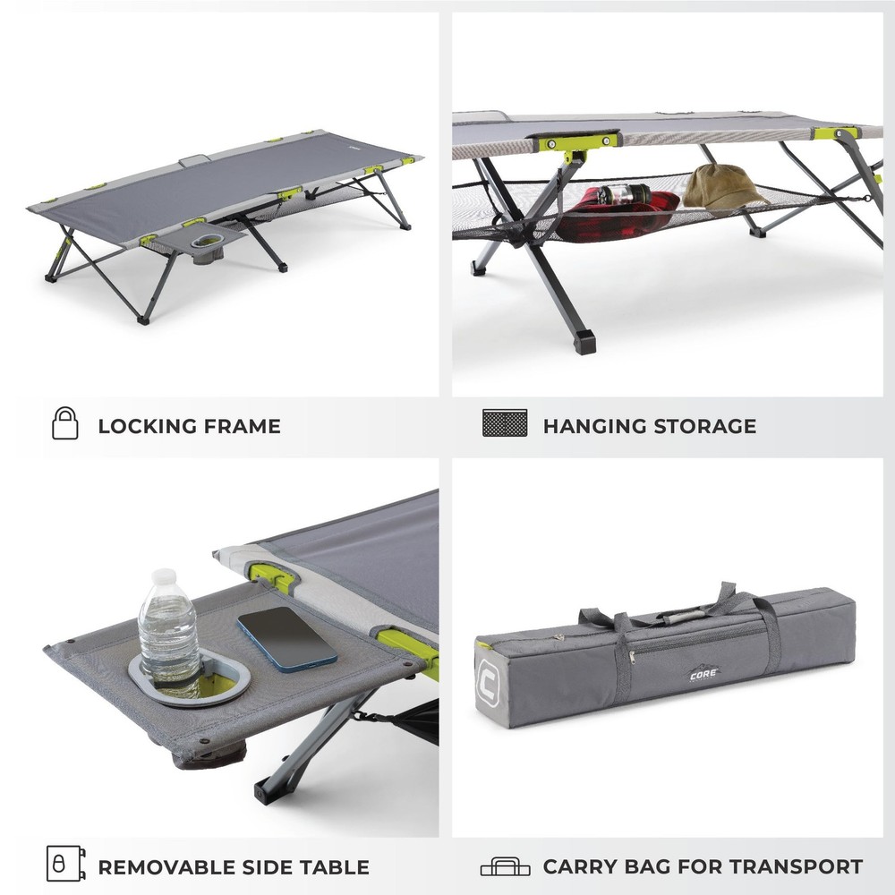 Folding Camping Cot | Extra Wide Heavy Duty Camp Cot with Removable Side Tabl...