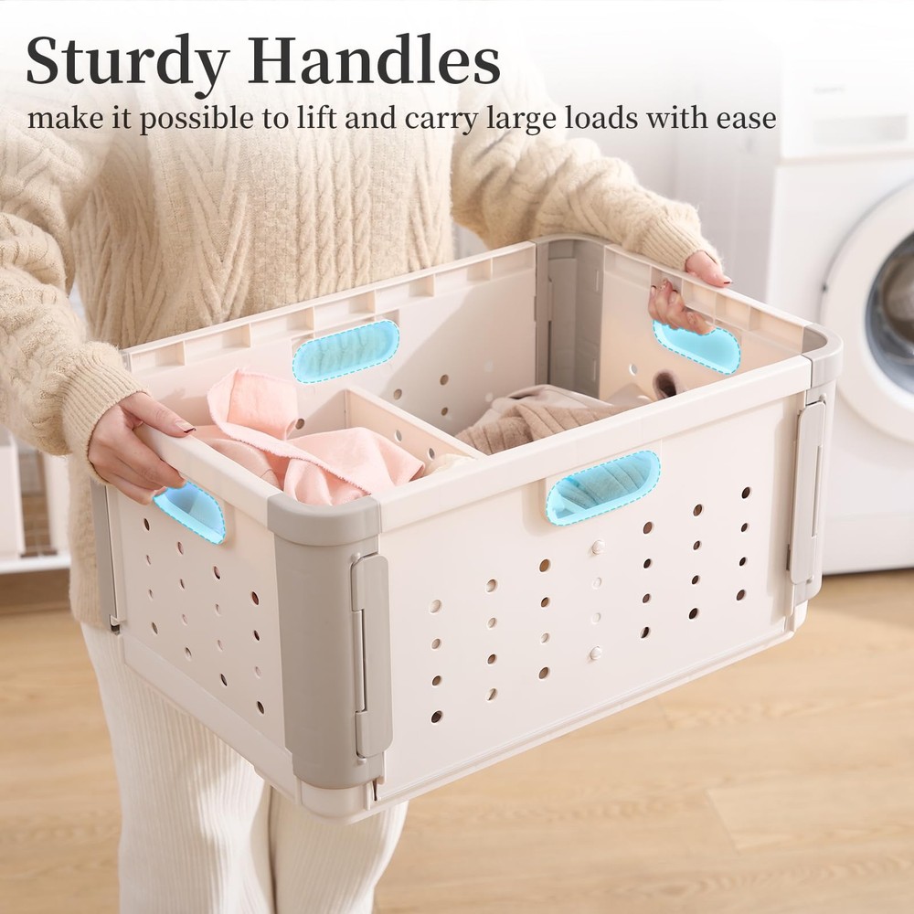 Stackable Plastic Laundry Basket on Wheel, 42L Clothes Laundry Hamper with Di...