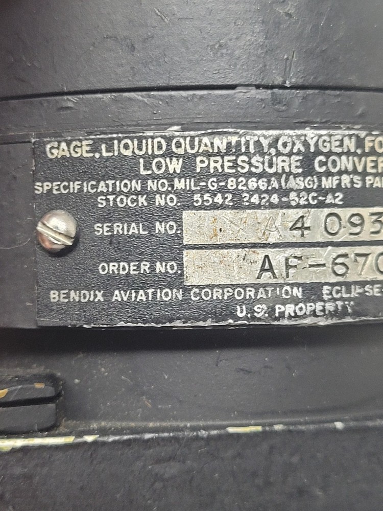 Wwii Liquid Oxygen Liters Indicator Gauge O2 High Pressure Bendix