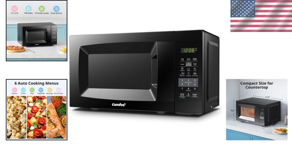 Efficient Black 700W Countertop Microwave - Child Safety Lock & Mute Function