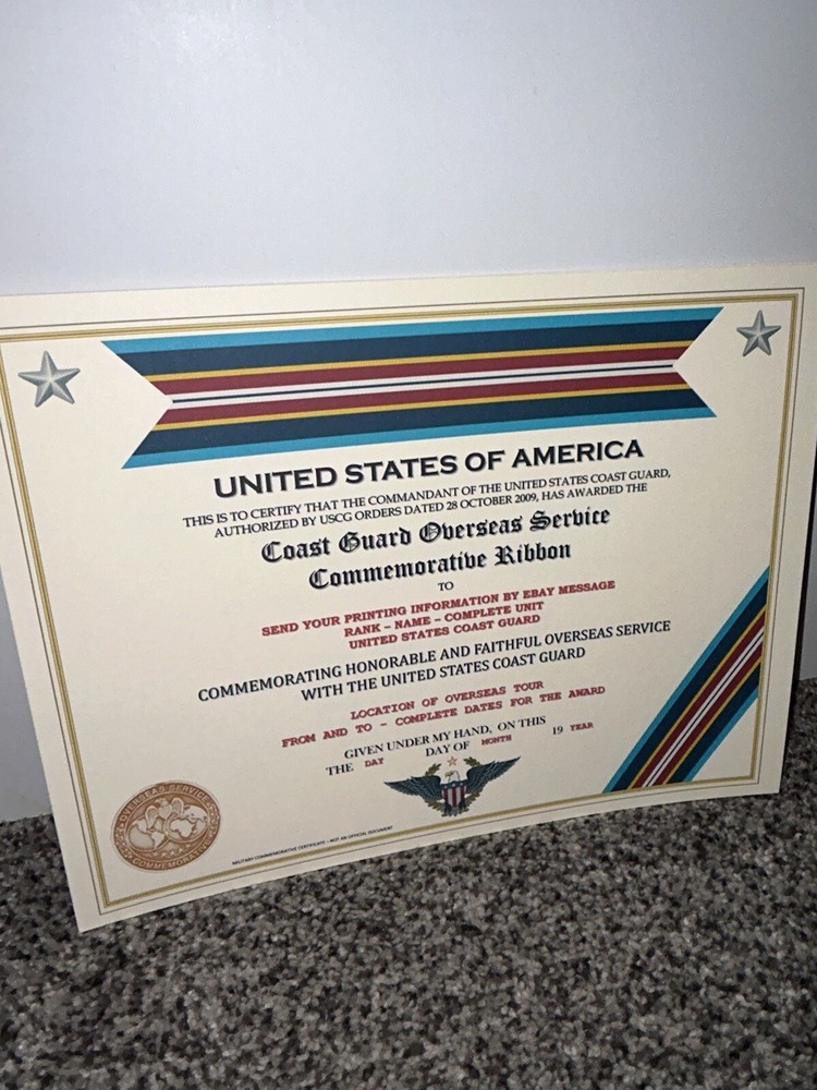 COAST GUARD OVERSEAS SERVICE COMMEMORATIVE CERTIFICATE ~ W/PRINTING TYPE-1