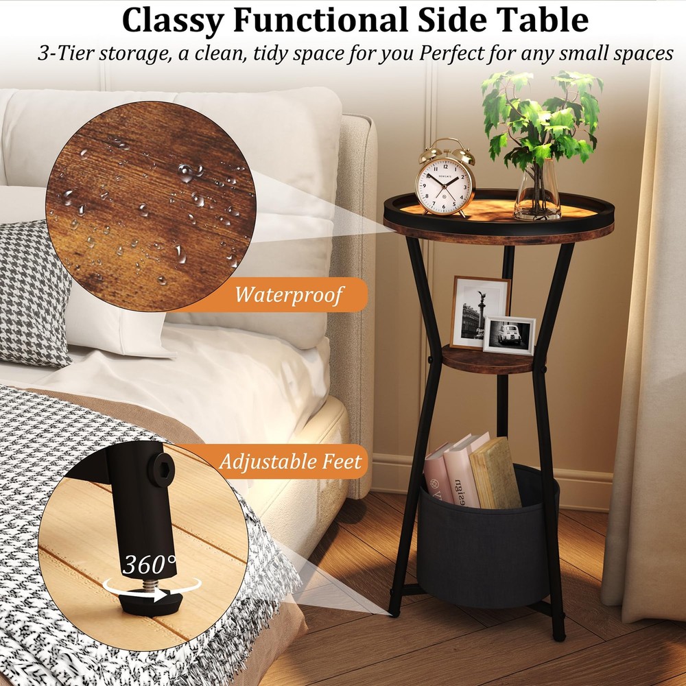 Round Side Table Small Drink 3Tier Industrial End Nightstand Rustic Brown
