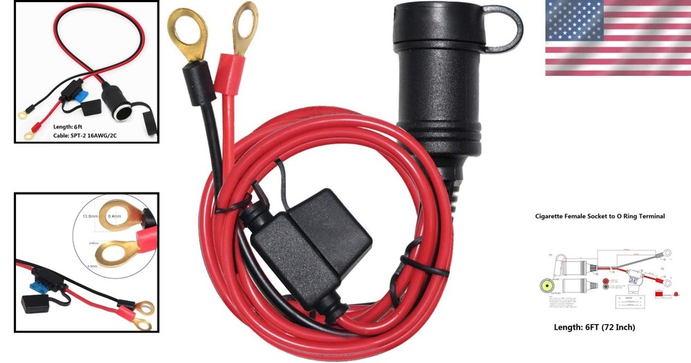 Water-Resistant 6FT Cigarette Lighter Extension Cable with 15A Protective Fuse