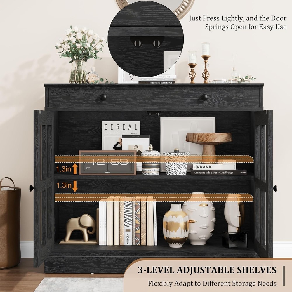 Buffet Cabinet with 2 Glass Doors & Drawer, Adjustable Shelf for Kitchen Storage