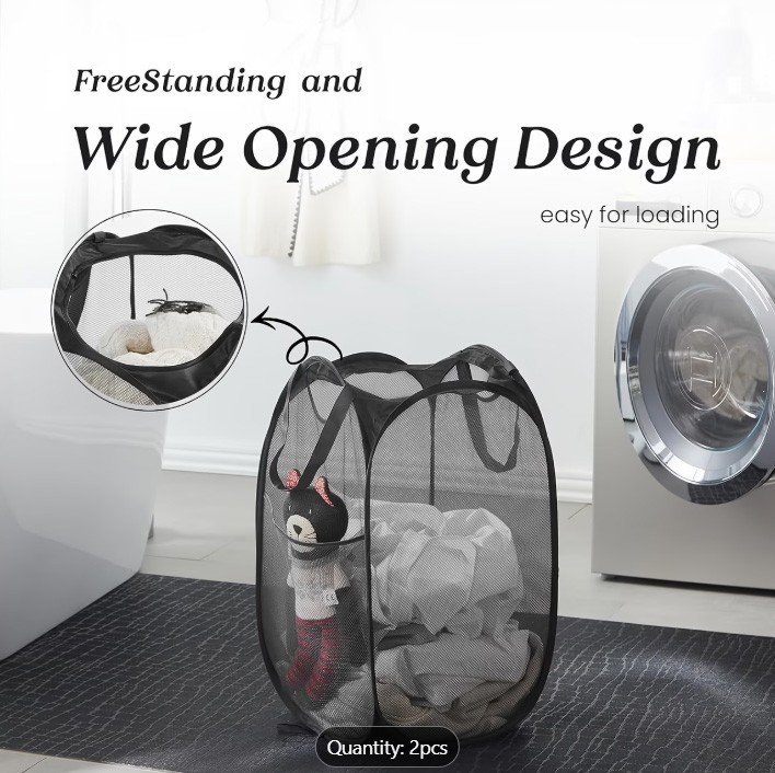 2 Packs Collapsible Pop up Laundry Bag Foldable Hamper Large Mesh Clothes Basket