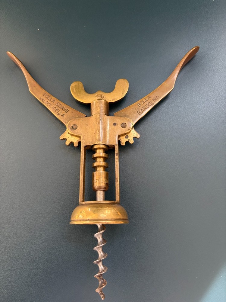 ITALIAN Solid Brass Winged Corkscrew Wine Bottle Opener Bolla Soave Advertising