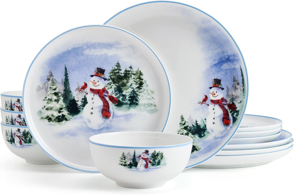 Chip Resistant Snowman Forest 12-Piece Dinnerware Set for 4