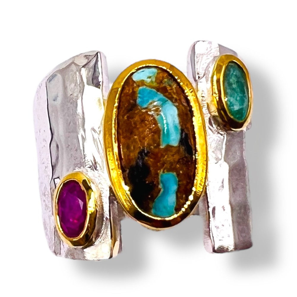 Two Tone Sterling Silver Blue Turquoise Emerald Ruby Ring Handmade -6500