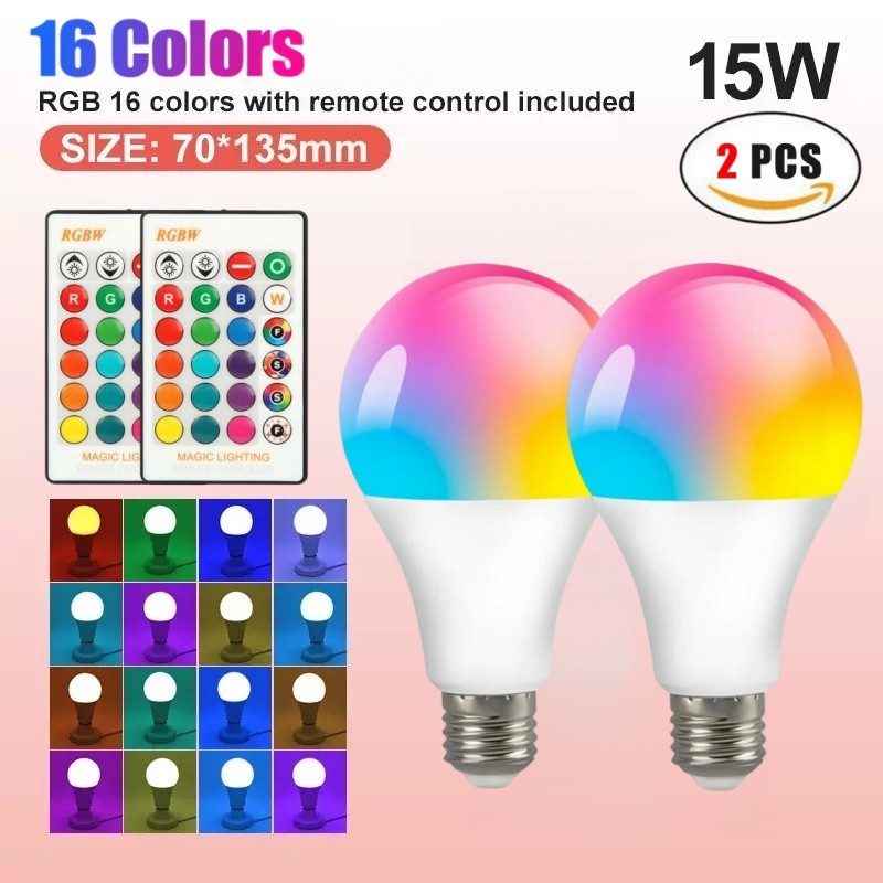 2 Pcs 15W RGBW LED Bulb Light 16 Color Changing E27 Lamp + IR Remote Controller