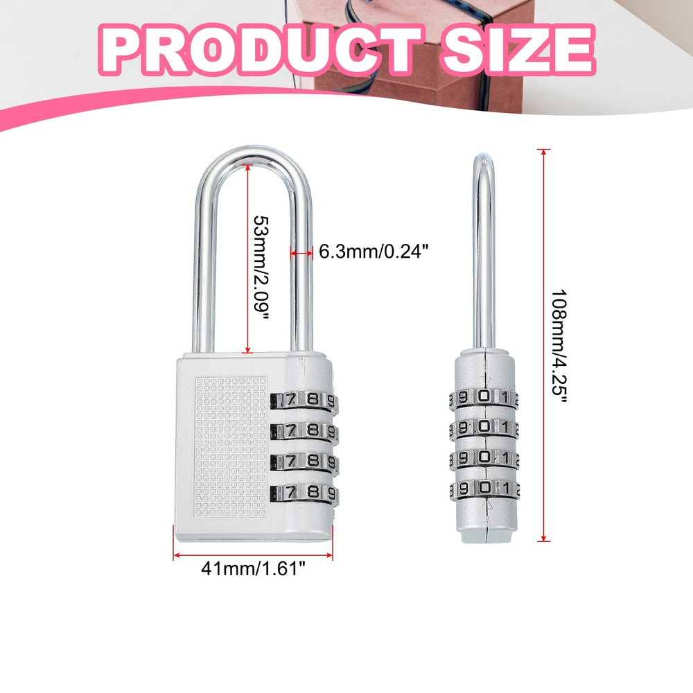 1 Pack Combination Locks Long Shackle 4 Digit Combination Padlock Silver