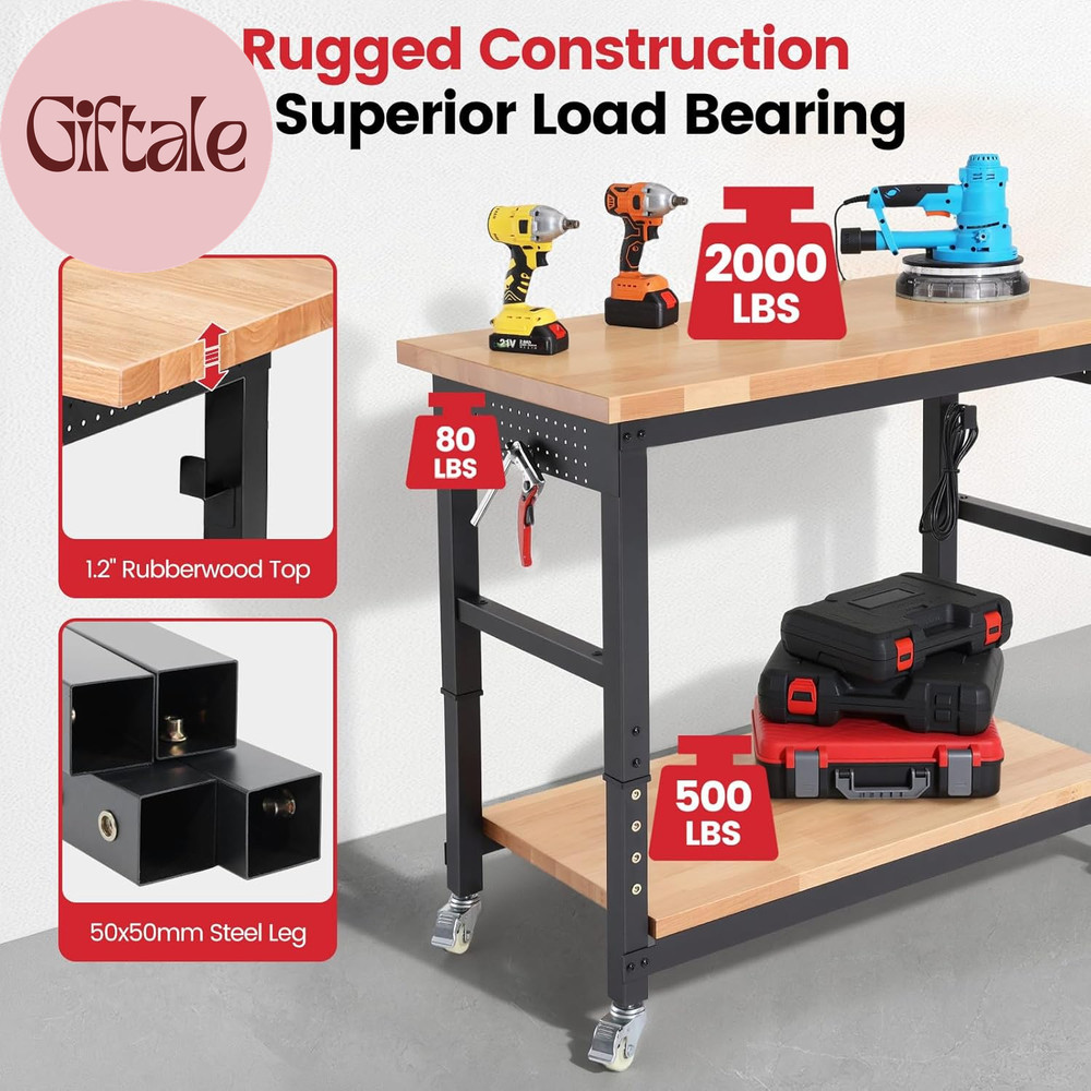 Workbench with Wheels 48 Inch Adjustable Height Work Table with under Table Shel