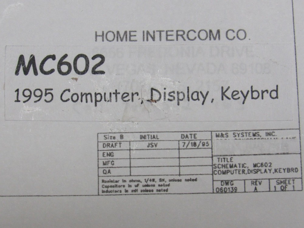 M&S MC602 Schematics Complete 1995-2002 Charts for Intercom