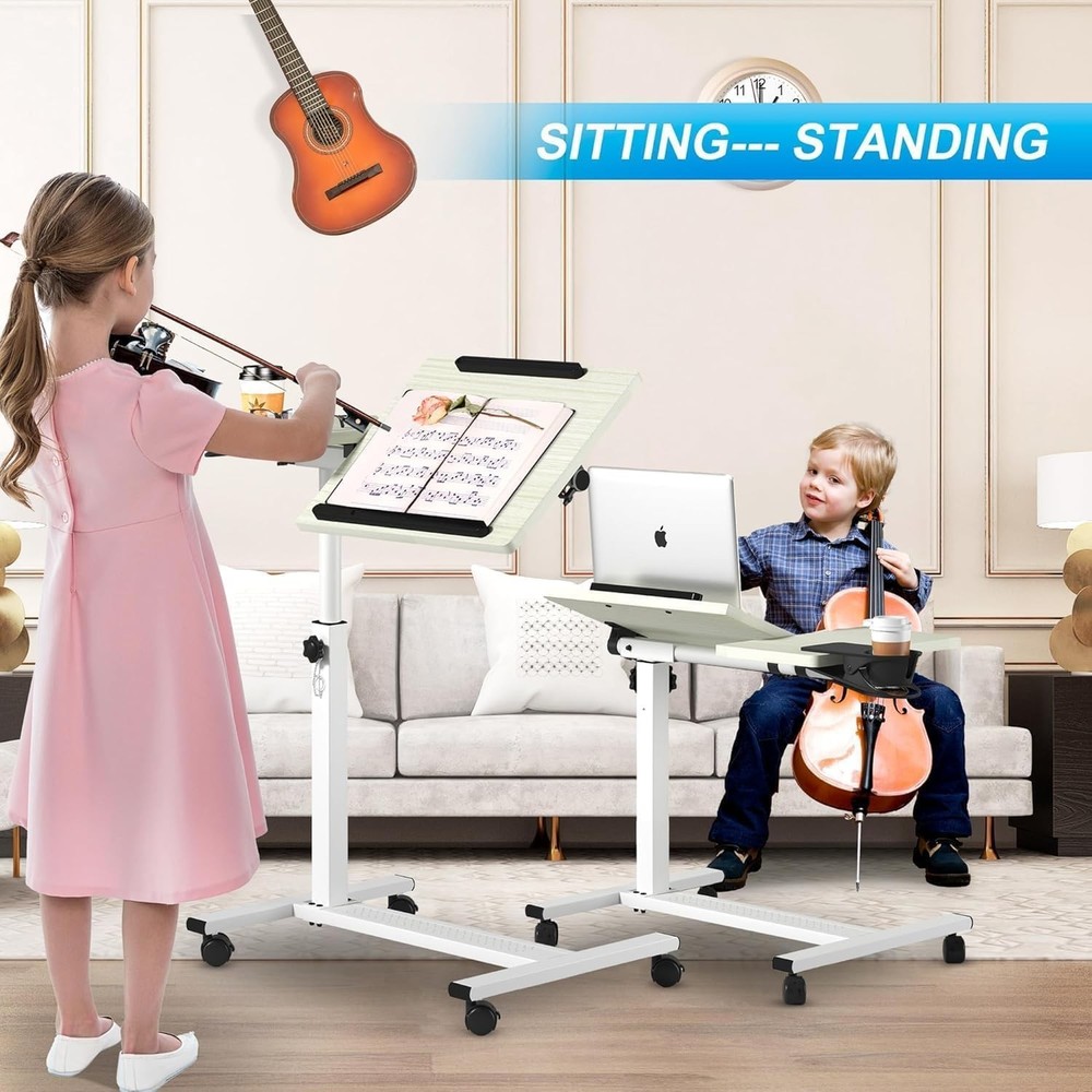 Height Adjustable Rolling Laptop Stand, Overbed Table with 2 Tilting Desktops...