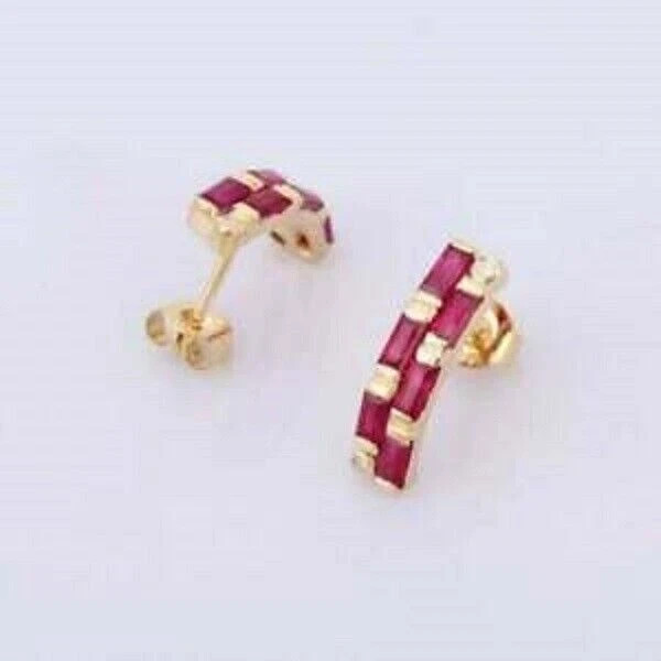 2Ct Lab-Created Red Ruby Diamond Womens Dangle Stud Earrings 14K Yellow Gold FN
