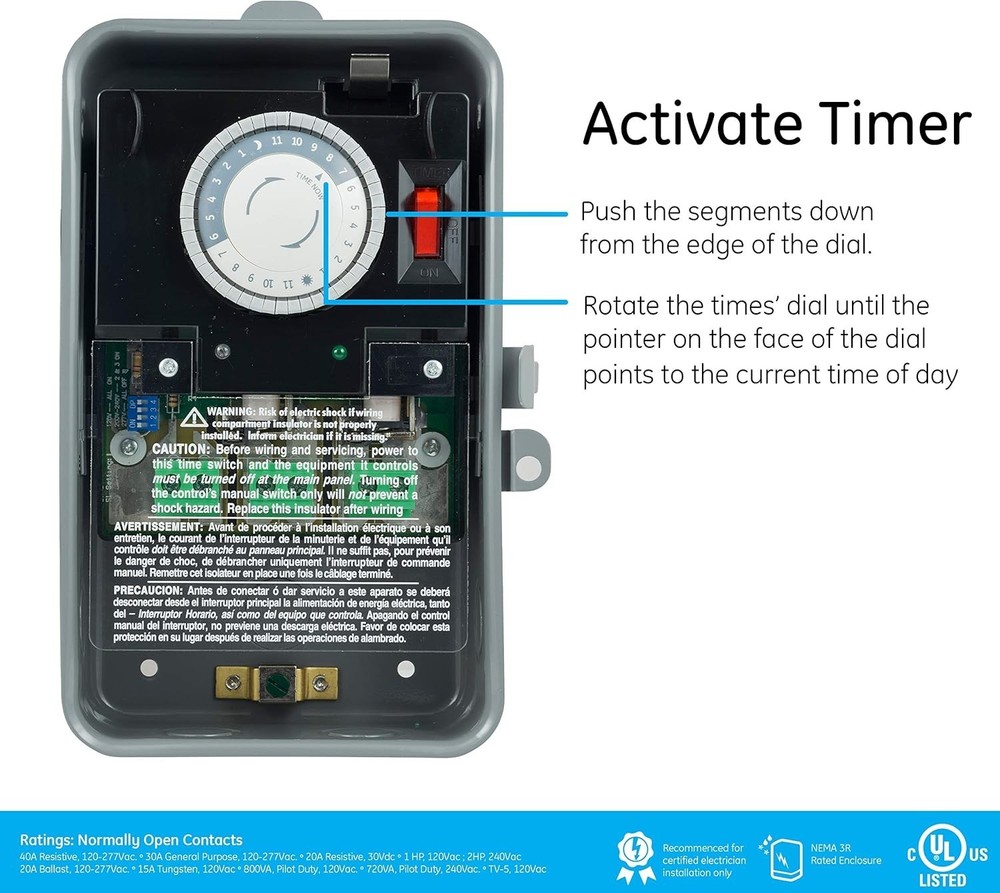 24-hour Mechanical Pool Timer Switch, 2HP 40A Load Capacity Pool Pump Timer