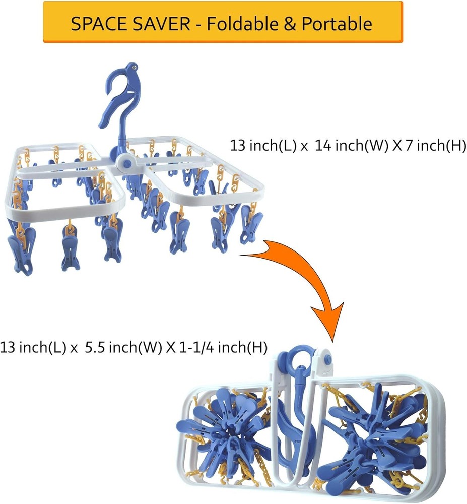 Foldable Plastic Hanging Dry Rack with 28 Clothespins - Space Saver Drier