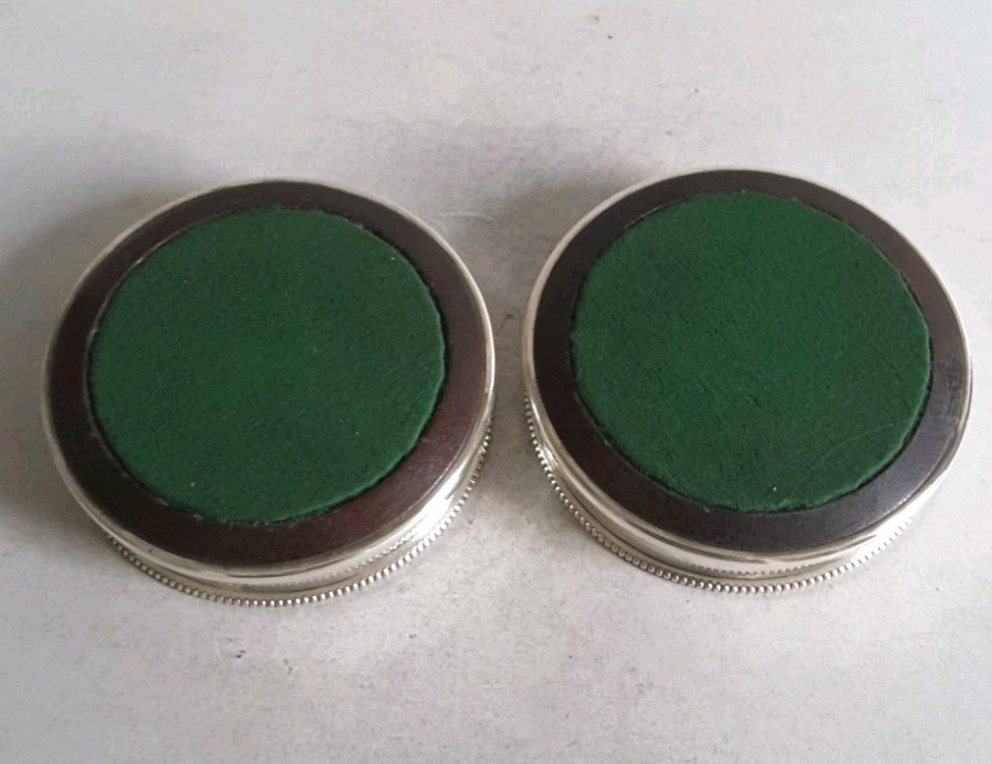 GOOD , PAIR VINTAGE SOLID SILVER COASTERS . 12 . 5 cms. dia. LON. 1973