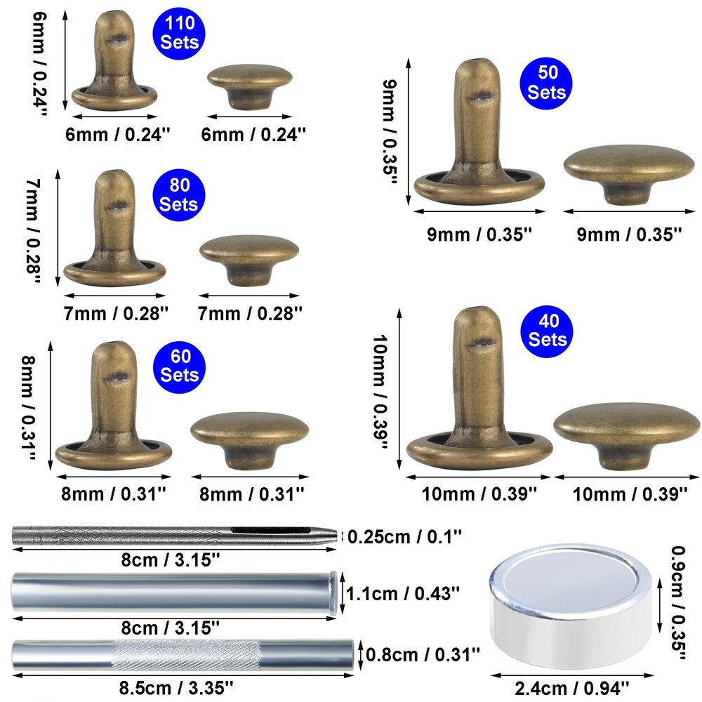 Leather Rivets Kit 340 Sets Double Cap Rivets with Crafting Tool Bronze