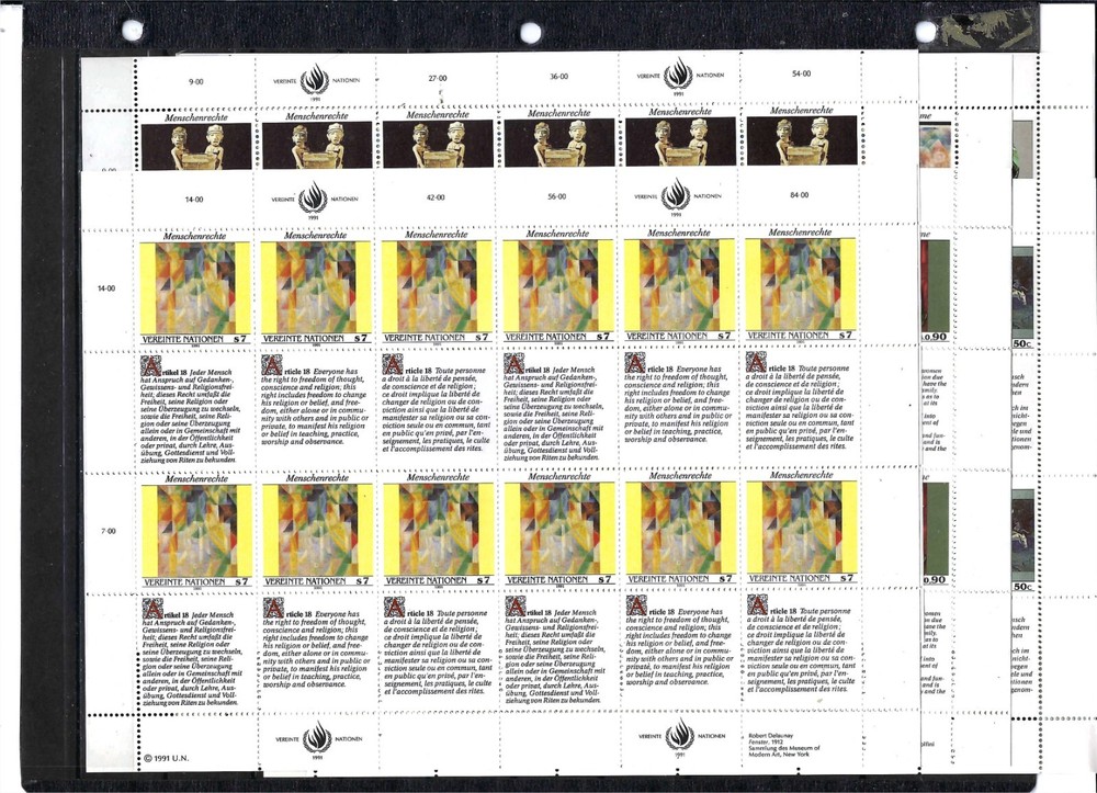 1991 HUMAN RIGHTS (6 Full Sheets) - All 3 Offices - Mint Never Hinged