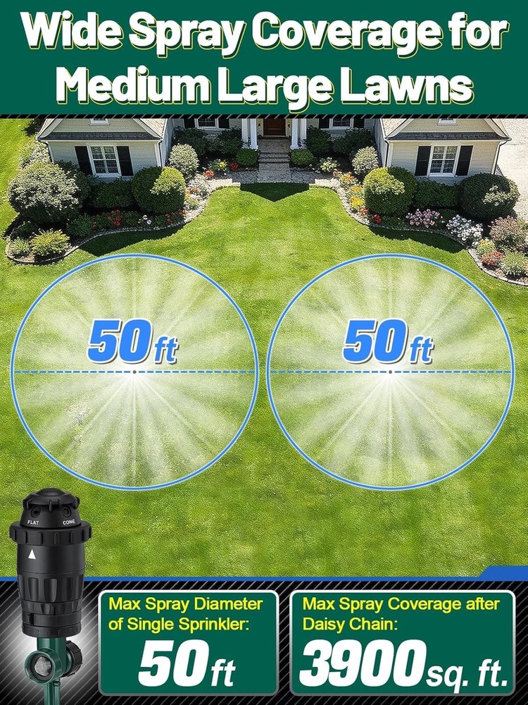 2 Pack Aluminum Sprinklers - 5 Spray Patterns, Adjustable Coverage, Large Yar...