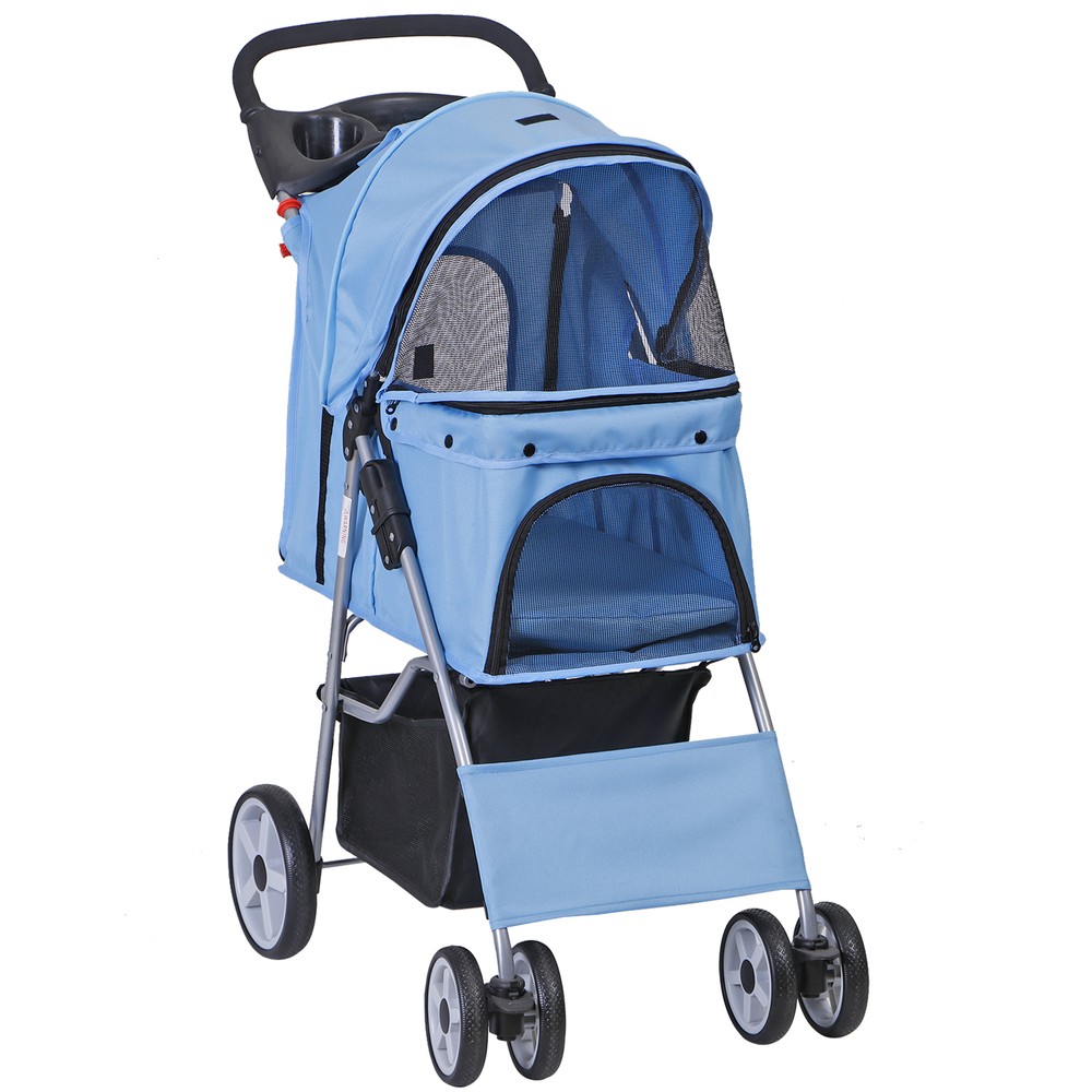 4 Wheel Pet Stroller Foldable Dog Stroller Cat Stroller with Storage Basket Blue