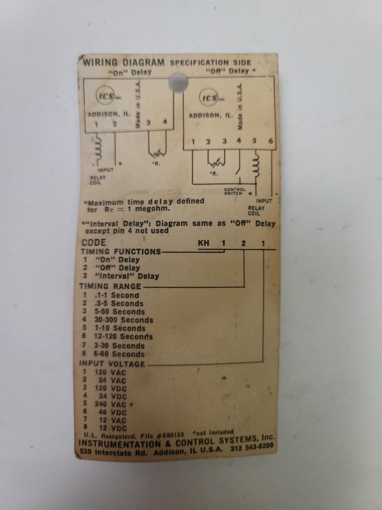 ICS KH-111 Solid State Time Delay .1-1 Sec. , 120VAC, New OS