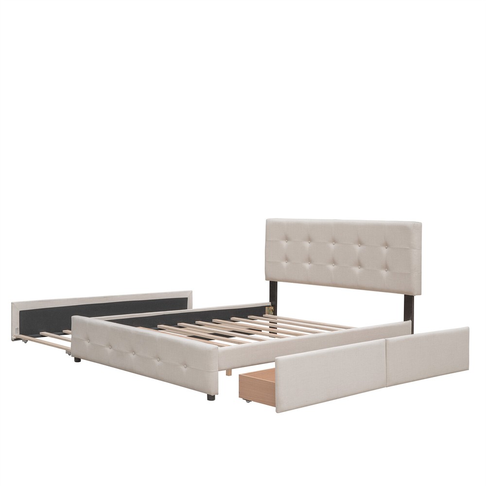 Queen Size Bed Frame Upholstered Platform Bed with Pull-Out Trundle & 2 Drawer