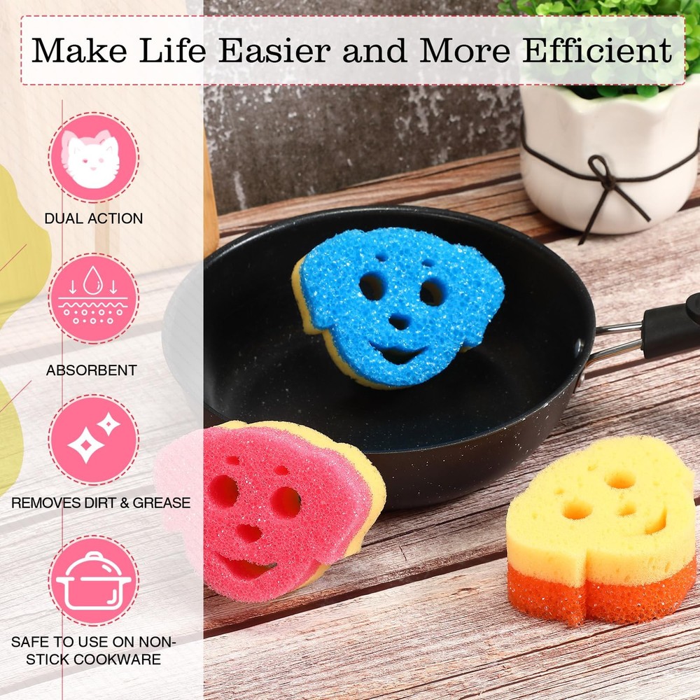 3 Pcs Dual Sided Scrub Sponge Multi Functional Cute Temperature Sensitive