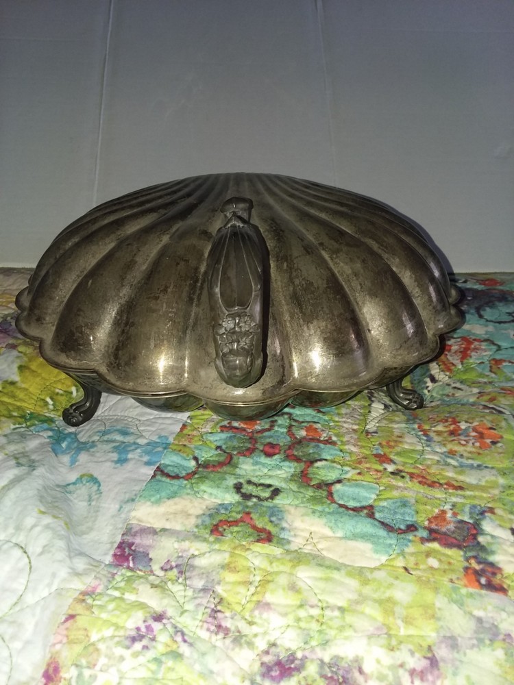 Antique Sheffield Silver Plated Clam Shell Buffet Serving Dish Floral Handle