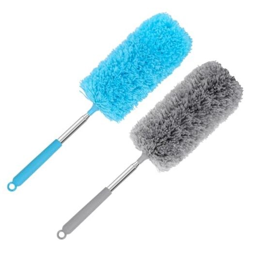 Mini Microfiber Duster for Cleaning, Hand Duster with Extension Pole, Blue Grey