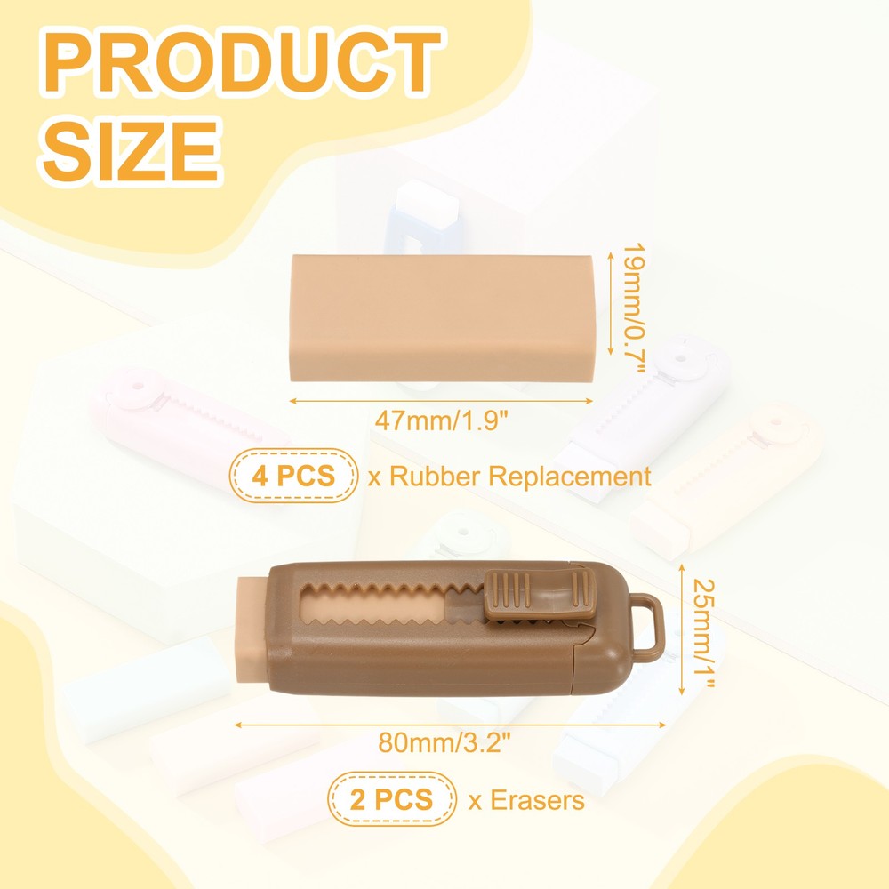 2+4Pack Erasers, Sliding Retractable Eraser Push Pull Pencil Erasers, Dark Brown