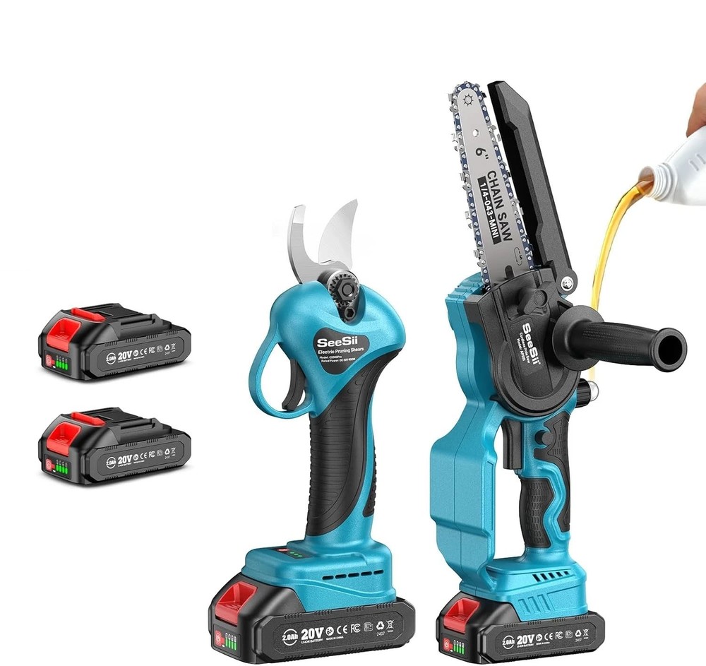 SEESII Mini Chainsaw & Pruning Shears Combo Kit 1.3" Pruner 6" Saw 2x2000mah
