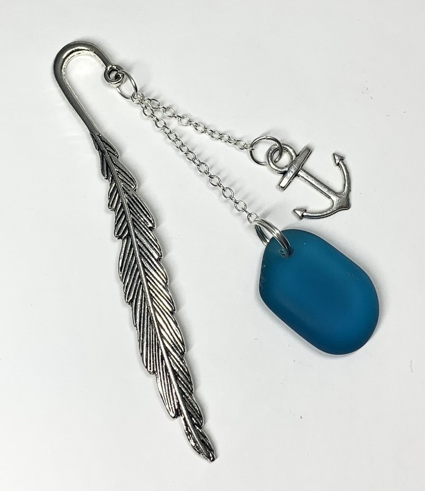 Silver Bookmark, Turquoise Seaglass & Anchor. Handmade.