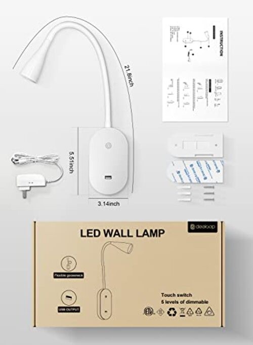 LED Wall Mount Reading Light for Bed, Reading Lamp with USB Output 5 White