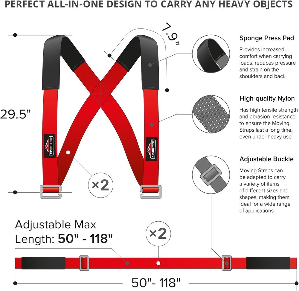 X-Protector Moving Straps - 2 Pairs - Lifting for 2 Standard, Red