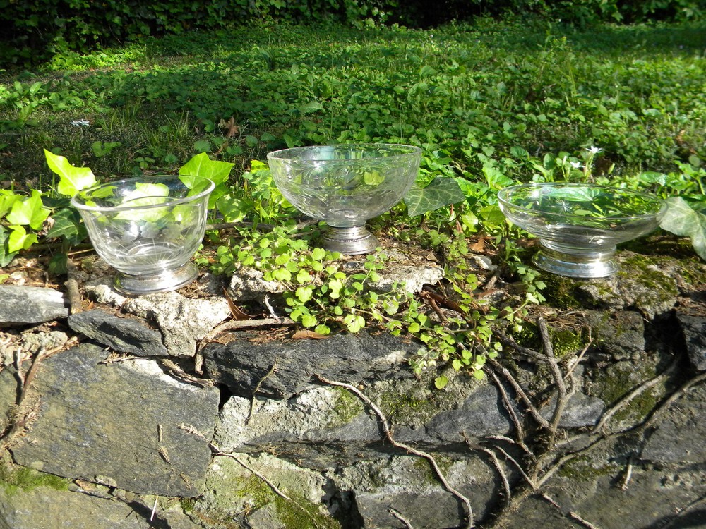 etched glass candy nut dishes with sterling bases