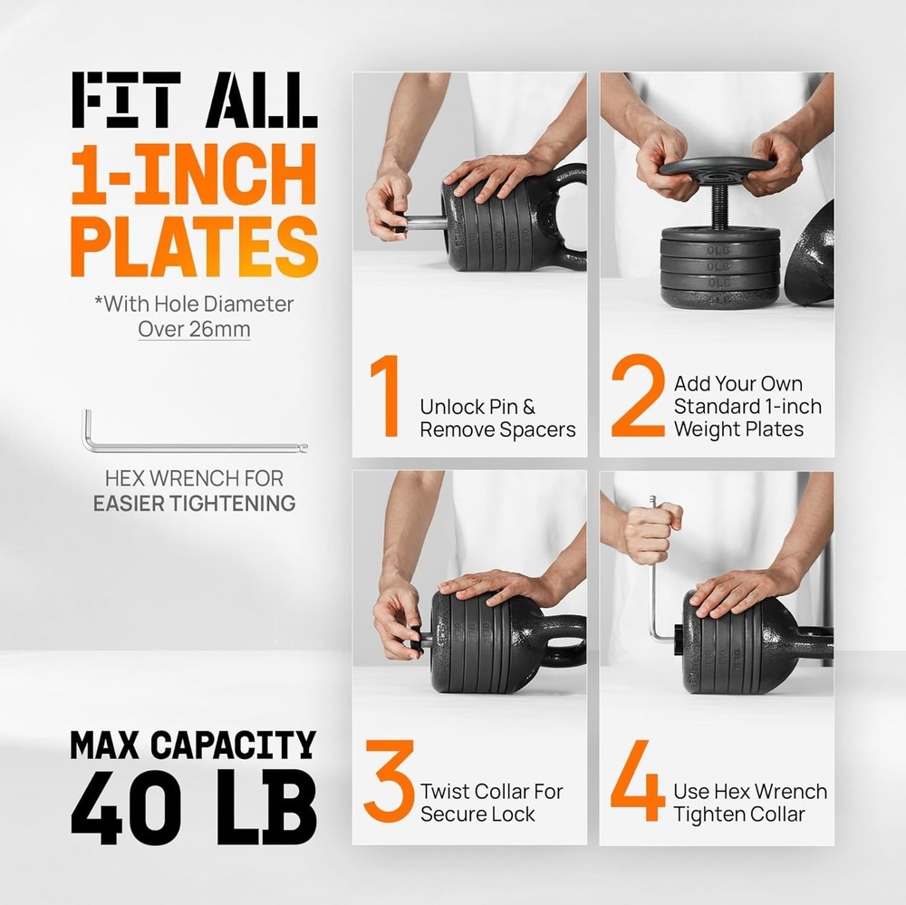 Adjustable Kettlebell Set, 20–40 LB Weight Set, Solid Cast Iron Handle with S...