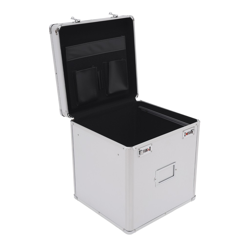 Vinyl Record Storage Box with Combination Lock for 50 Records, Silver