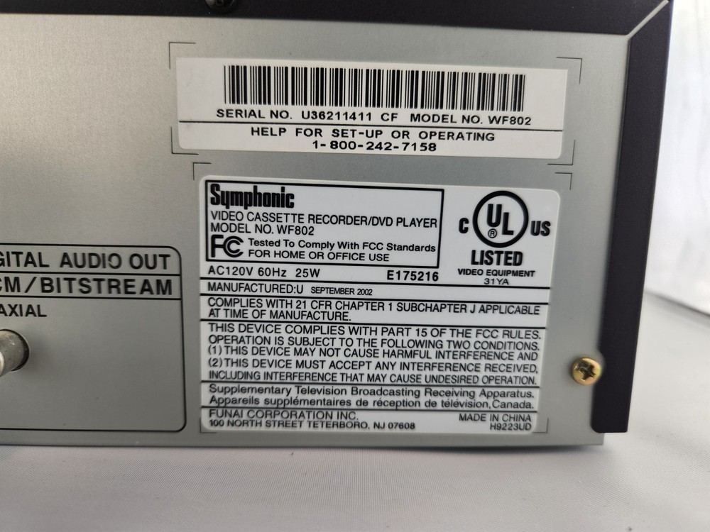 Symphonic WF802 DVD VCR Combo With Remote