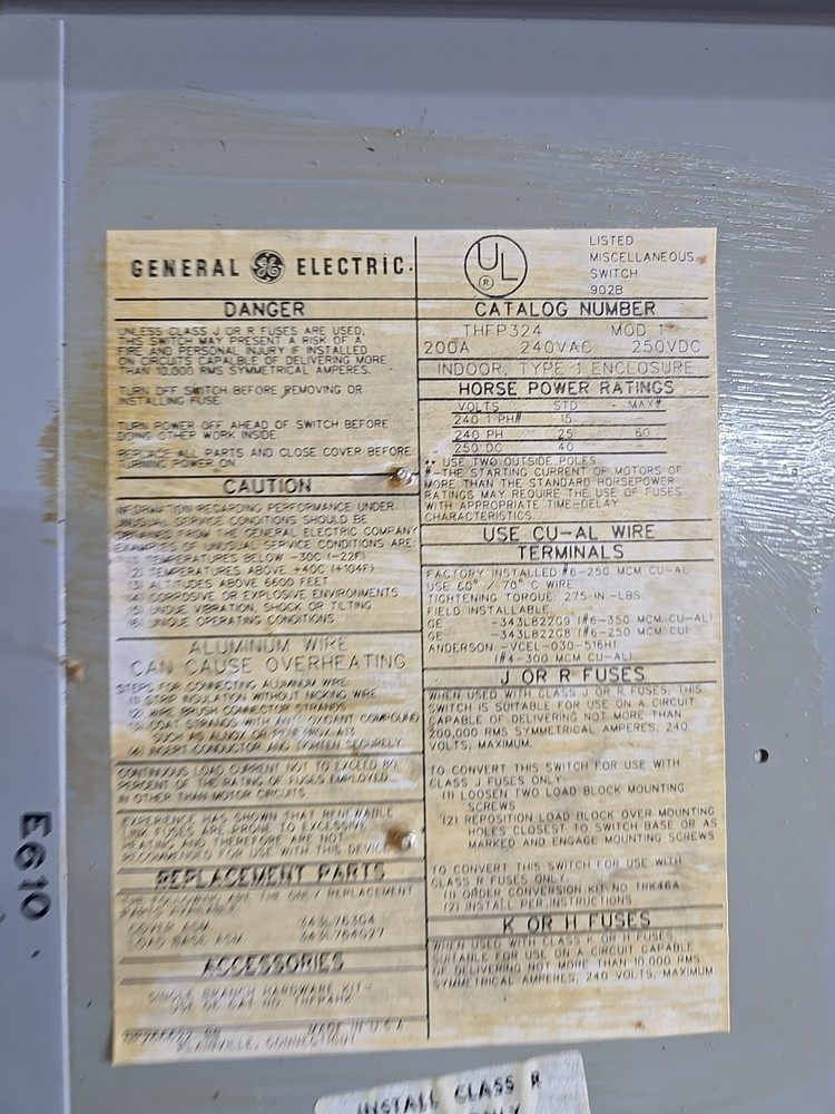 GE THFP324 200 amp 240 volt Fused Panel Mount Switch
