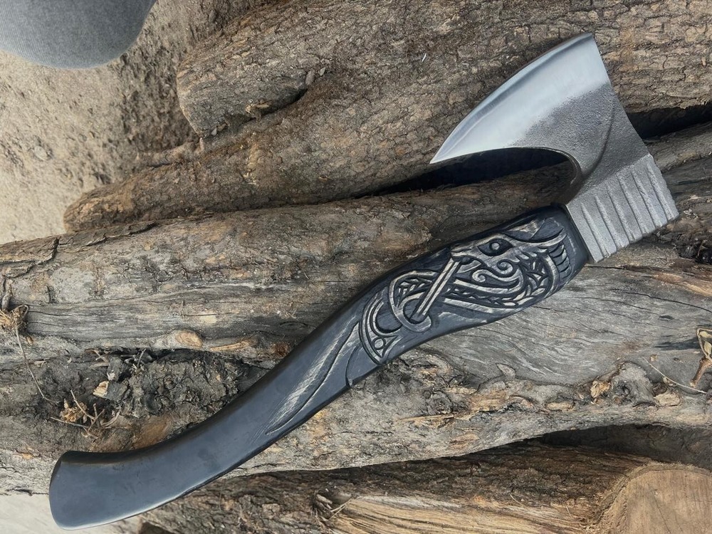 Custom Carbon Steel Viking Hatchet Axe with Engraved Handle