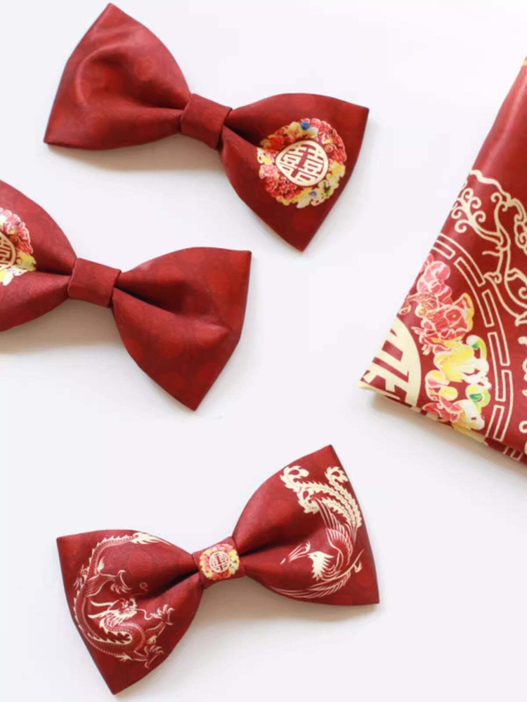 Red Double Happiness Bow Tie and Pocket Square| Dragon & Phoenix