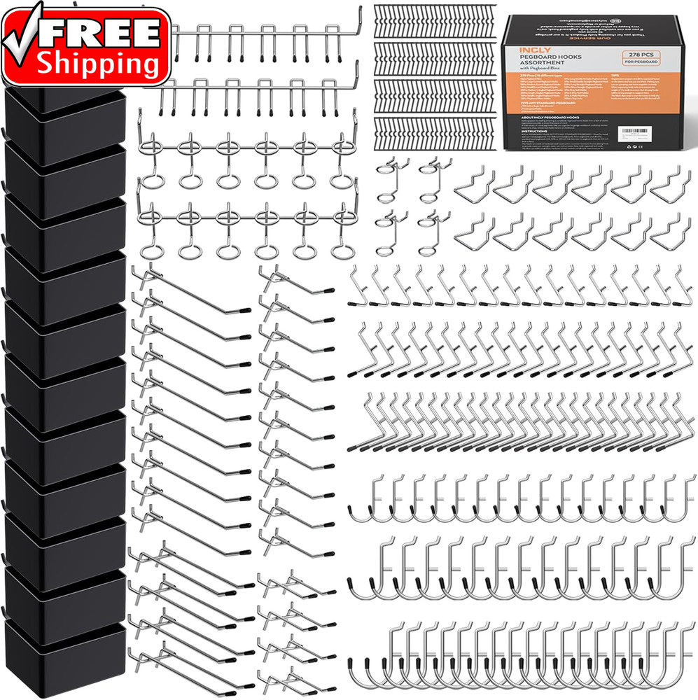 278PCS Pegboard Accessories Organizer Kit, Peg Board Hooks Assortment with Bins