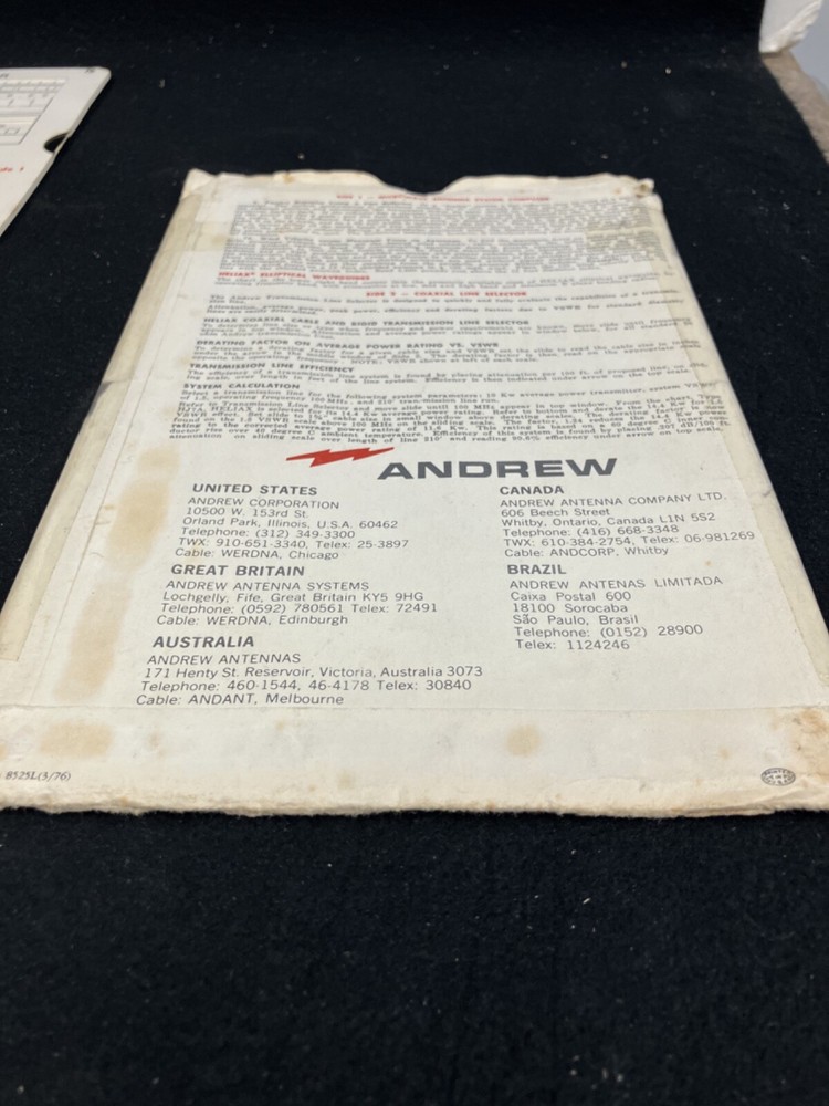 1976 ANDREW MICROWAVE ANTENNA SYSTEM COMPUTER SLIDE RULE CALCULATOR W INSTRUCTIO