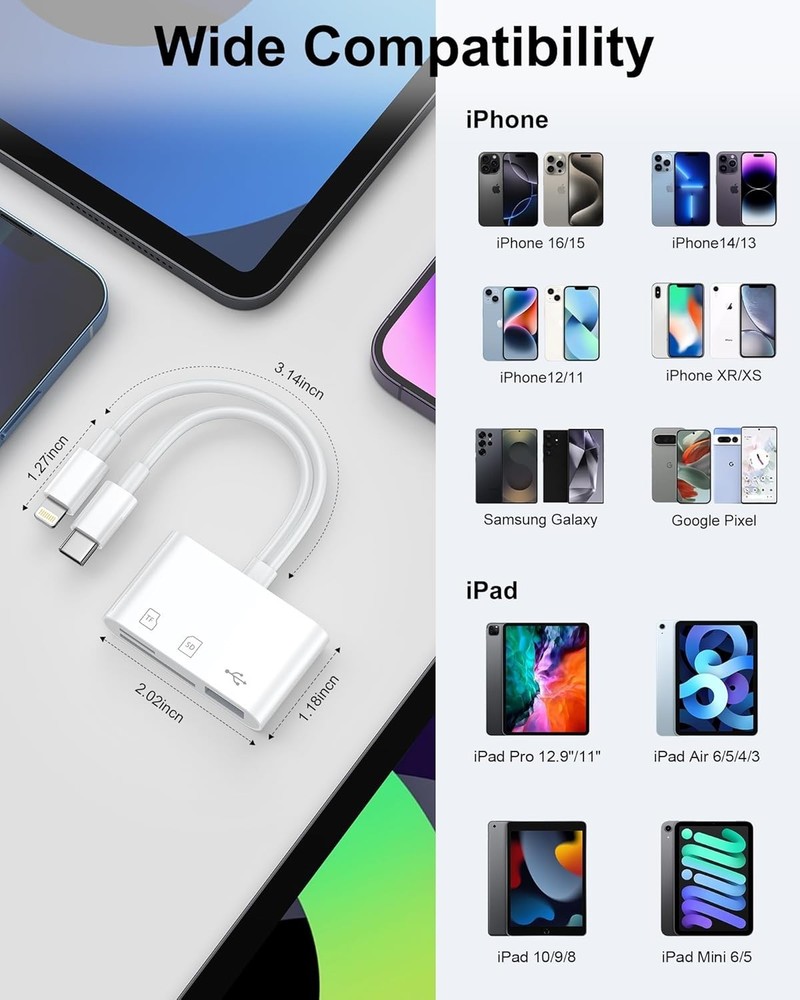 SD Card Reader for iPhone, iPad, Samsung, Memory SD Card Reader USB C&Lightni...