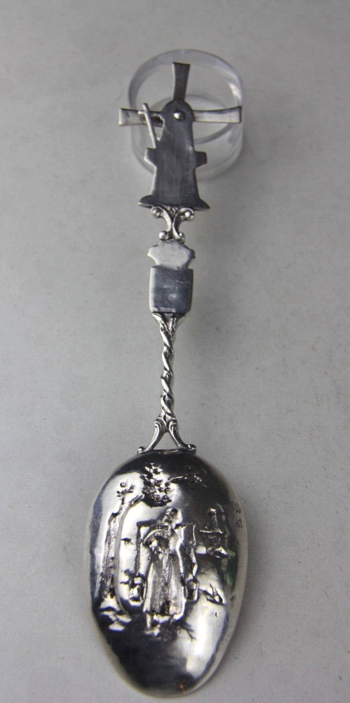 Antique Dutch Silver Spoon w/ Windmill Handle & Embossed Bowl