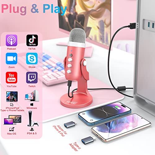 Gaming USB Pink Microphone with Quick Mute for Phone Computer PC PS5,Studio