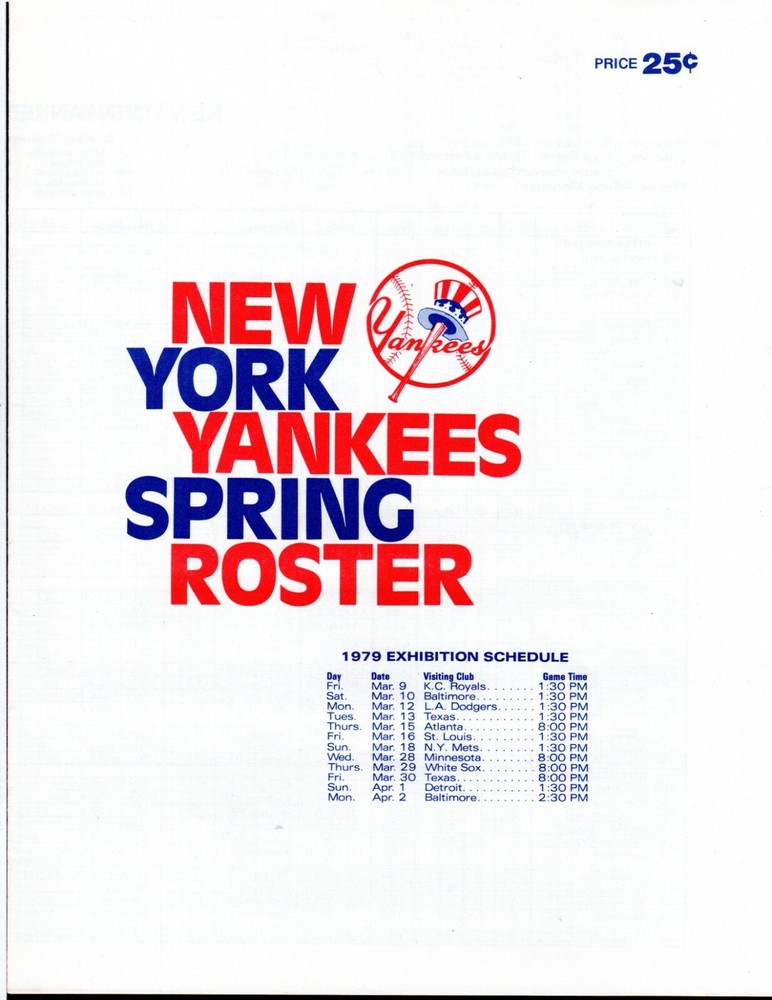 1979  NEW YORK YANKEES SPRING TRAINING ROSTER SCHEDULE PROGRAM   NEAR - MINT