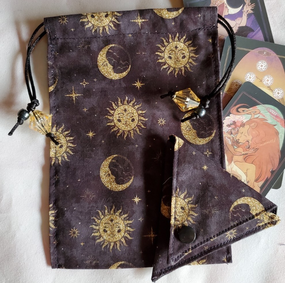 Tarot Card Drawstring Bag Handmade Moon Sun with Beads PLUS Crystal Pouch